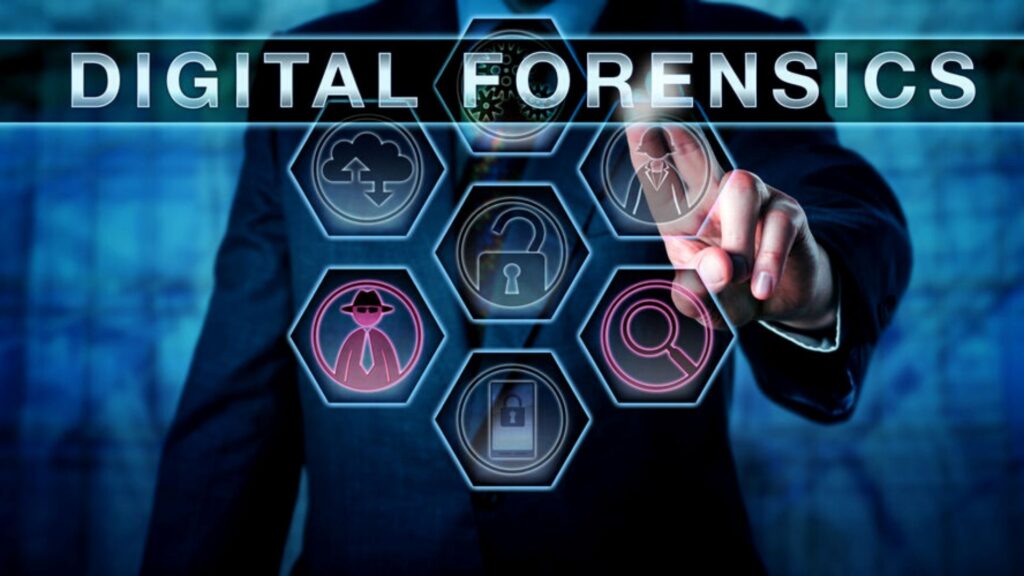 Picture of a businessman manipulating a hologram that depicts cyber forensics.