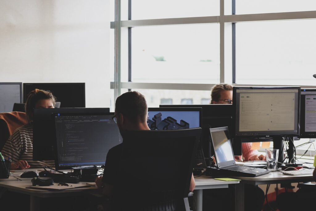 A picture of coders, Looking at a computer screen.